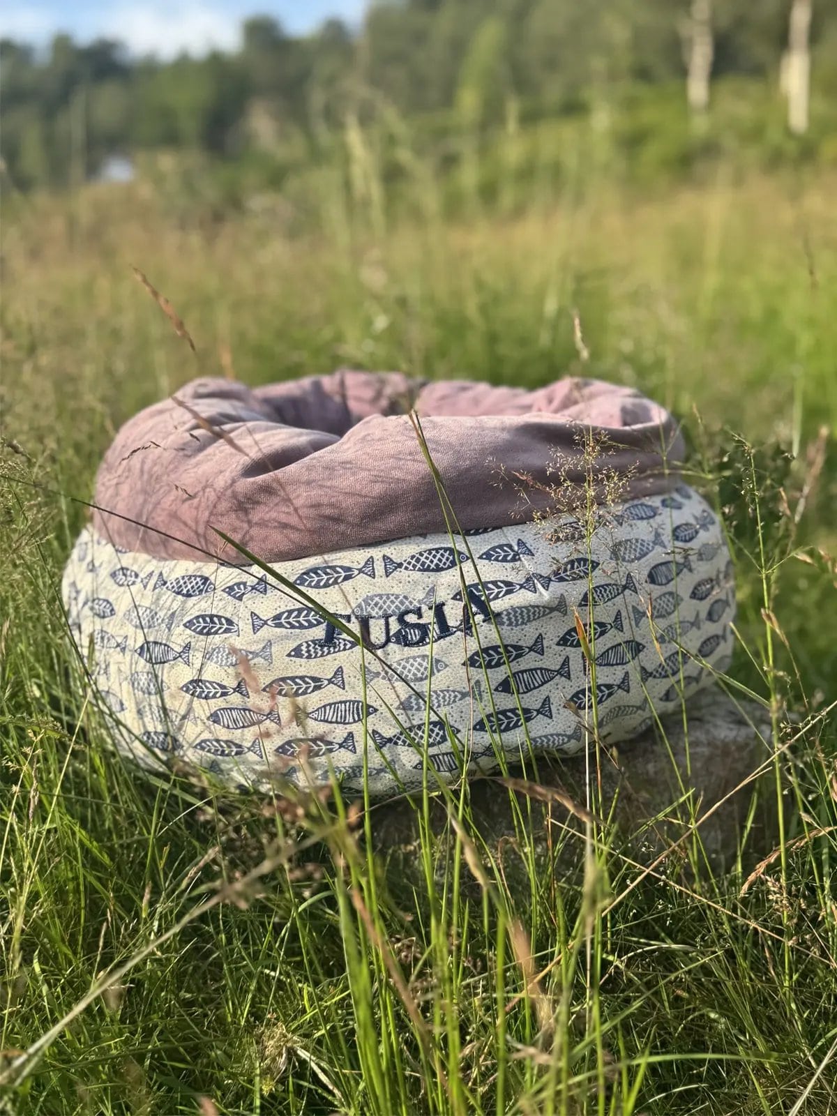 Pet bed with fish pattern on grass