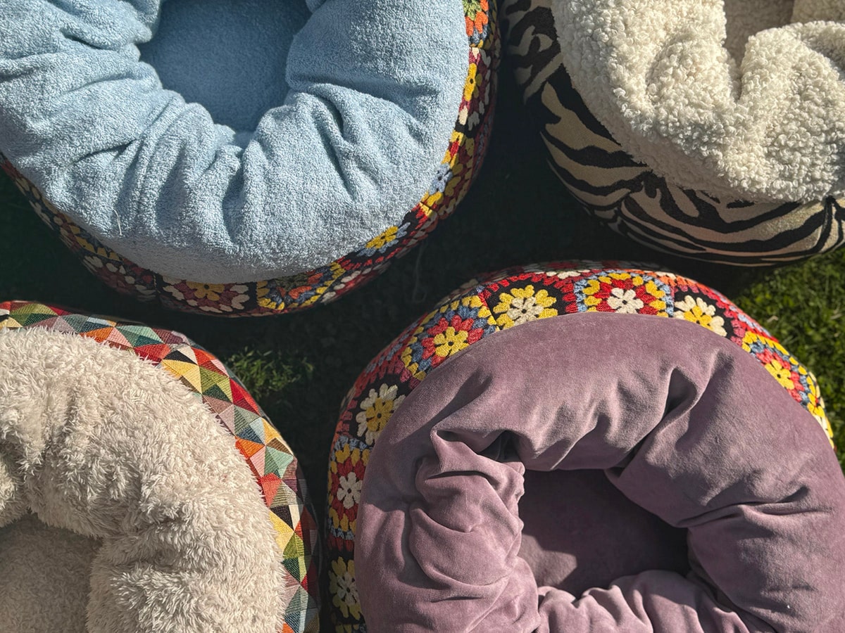 Four colorful pet beds with different patterns on a grassy background