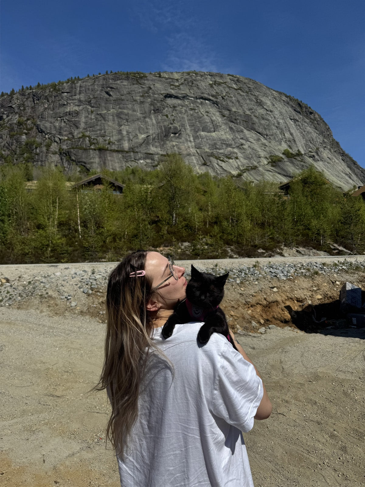 Person holding a black cat outdoors with a mountain in the background